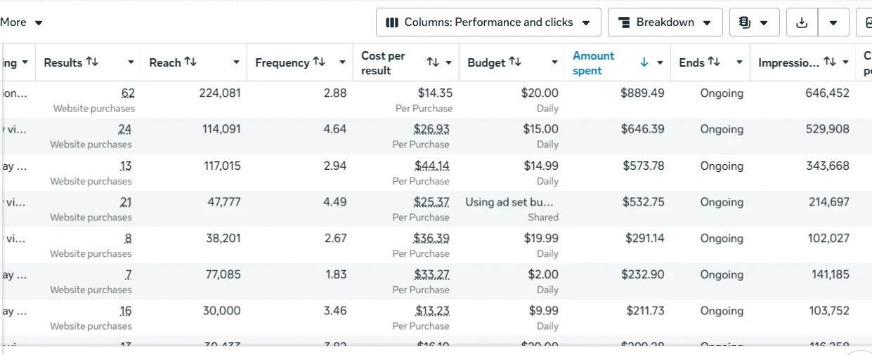 Ads Manager ad sets with website purchases across multiple budgets